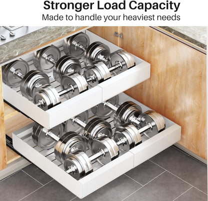 Pull out Cabinet Organizer, Expandable(12"-20") Heavy Duty Slide out Drawers Fixed with Adhesive Nano Film for Pots, Roll out Shelf Storage for Kitchen Base Cabinet Organization(White)