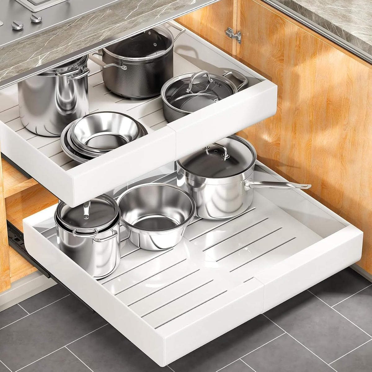 Pull out Cabinet Organizer, Expandable(12"-20") Heavy Duty Slide out Drawers Fixed with Adhesive Nano Film for Pots, Roll out Shelf Storage for Kitchen Base Cabinet Organization(White)