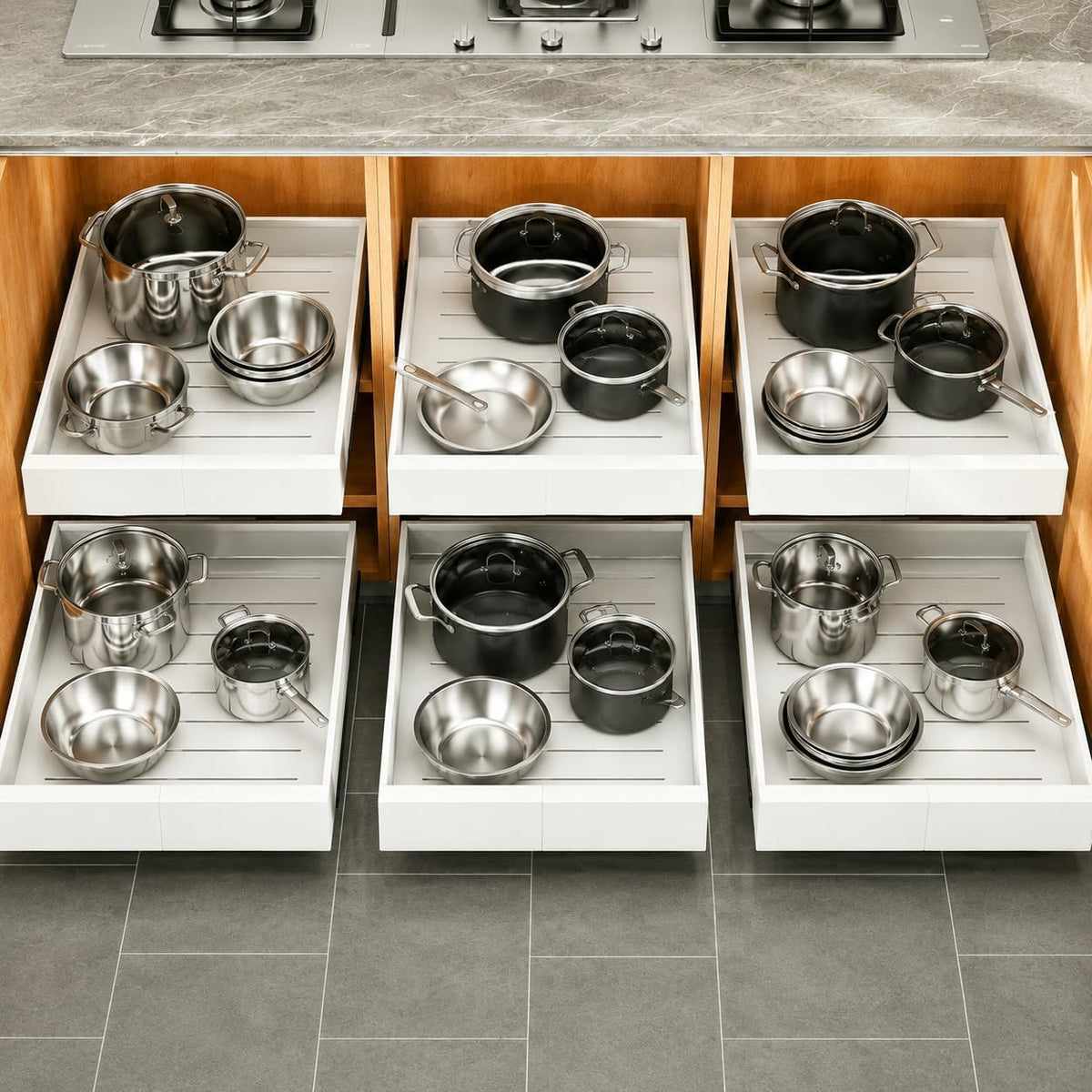 Pull out Cabinet Organizer, Expandable(12"-20") Heavy Duty Slide out Drawers Fixed with Adhesive Nano Film for Pots, Roll out Shelf Storage for Kitchen Base Cabinet Organization(White)