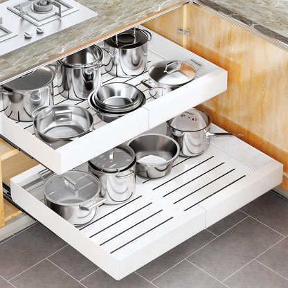 Pull out Cabinet Organizer, Expandable(12"-20") Heavy Duty Slide out Drawers Fixed with Adhesive Nano Film for Pots, Roll out Shelf Storage for Kitchen Base Cabinet Organization(White)
