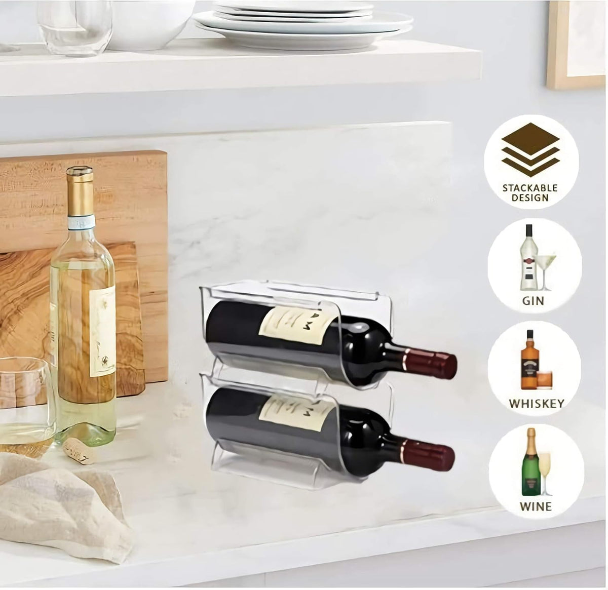 Plastic Water Bottle Organizer and Wine Rack Storage Holder | Set of 2 Stackable Free-Standing Bottle Storage Rack for Countertops Pantry Refrigerator,Ideal for Wine,Soda,Pop,Beer,Clear
