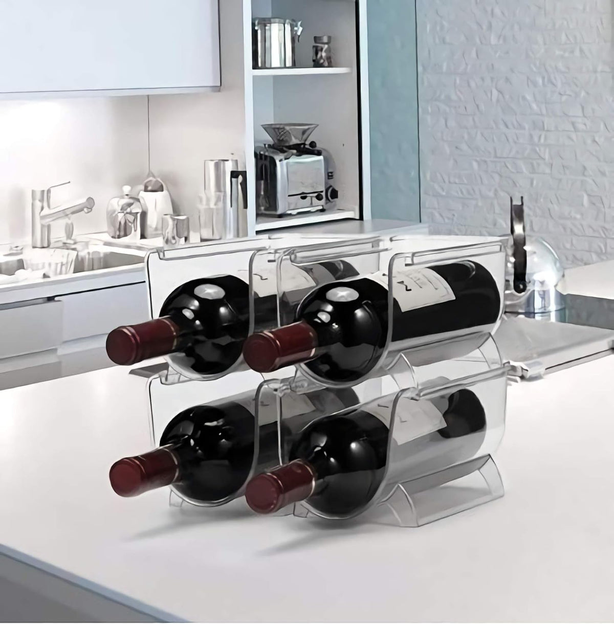 Plastic Water Bottle Organizer and Wine Rack Storage Holder | Set of 2 Stackable Free-Standing Bottle Storage Rack for Countertops Pantry Refrigerator,Ideal for Wine,Soda,Pop,Beer,Clear