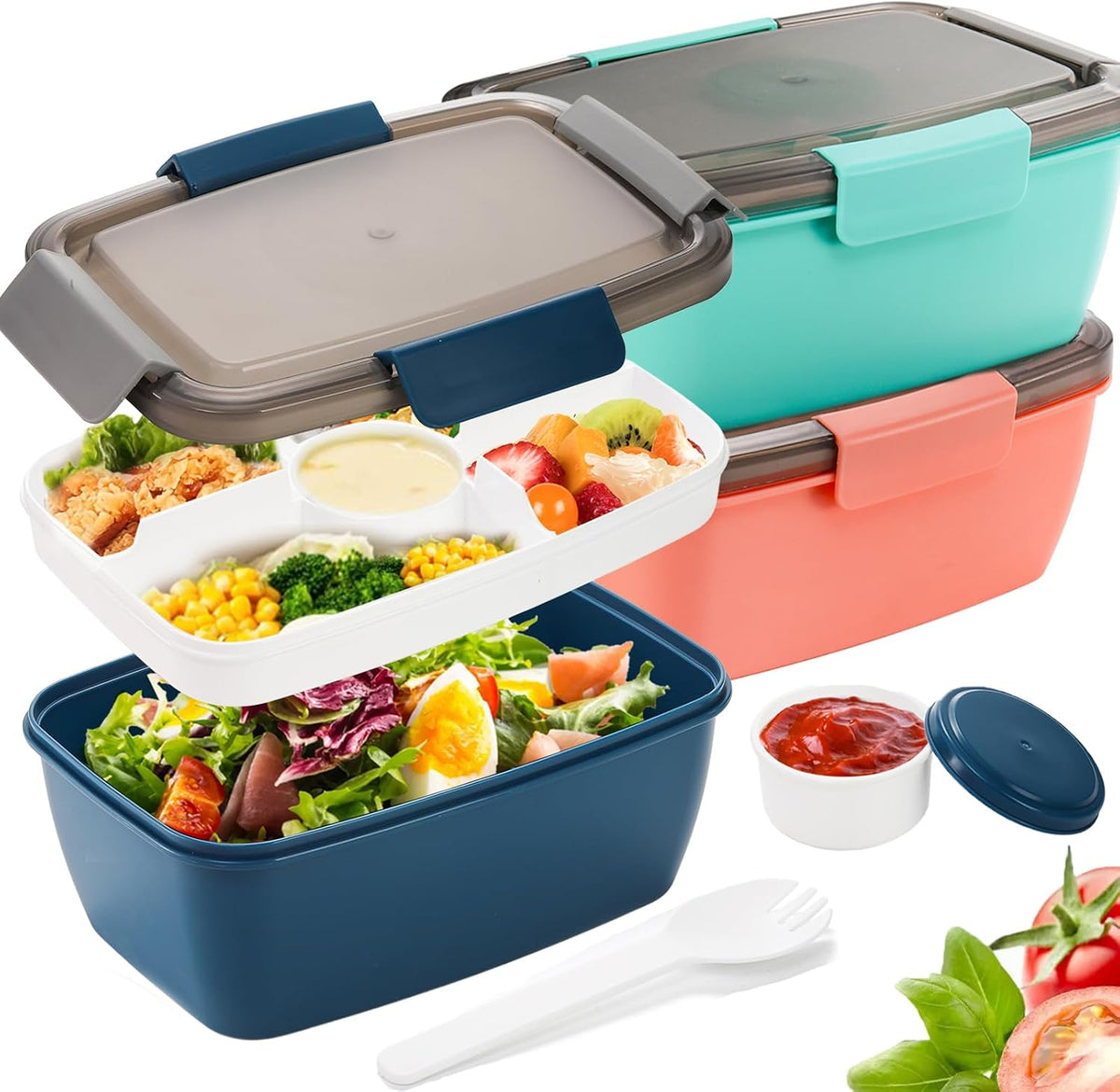 3 Pcs 68 Oz Salad Lunch Container with 4 Compartment Tray, Bento Lunch Box with Spoon & Dressing Cup, Leakproof Salad Container for Lunch, Toppings, Snacks, Fruits, BPA-Free