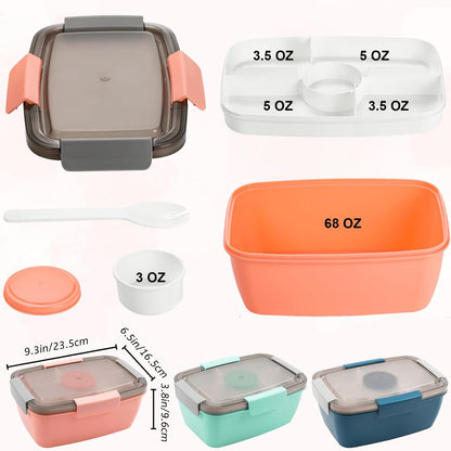 3 Pcs 68 Oz Salad Lunch Container with 4 Compartment Tray, Bento Lunch Box with Spoon & Dressing Cup, Leakproof Salad Container for Lunch, Toppings, Snacks, Fruits, BPA-Free