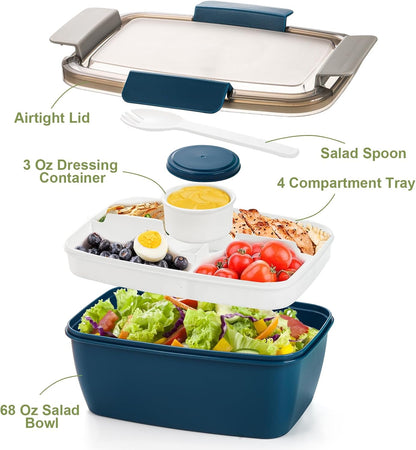 3 Pcs 68 Oz Salad Lunch Container with 4 Compartment Tray, Bento Lunch Box with Spoon & Dressing Cup, Leakproof Salad Container for Lunch, Toppings, Snacks, Fruits, BPA-Free
