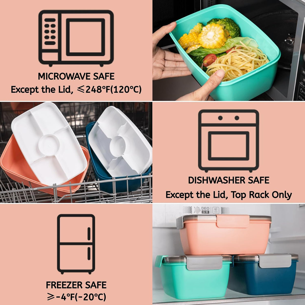 3 Pcs 68 Oz Salad Lunch Container with 4 Compartment Tray, Bento Lunch Box with Spoon & Dressing Cup, Leakproof Salad Container for Lunch, Toppings, Snacks, Fruits, BPA-Free