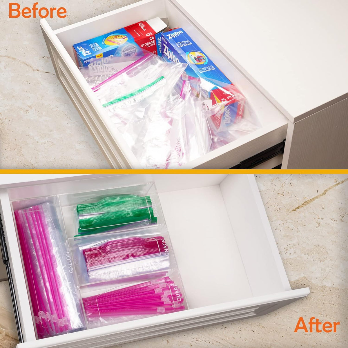 Acrylic Bag Storage Organizer for Kitchen Drawer, Food Storage Bag Organizer Holder Compatible with Ziplock, Glad, Hefty, Gallon, Quart, Sandwich & Snack Variety Size Bag (Clear)