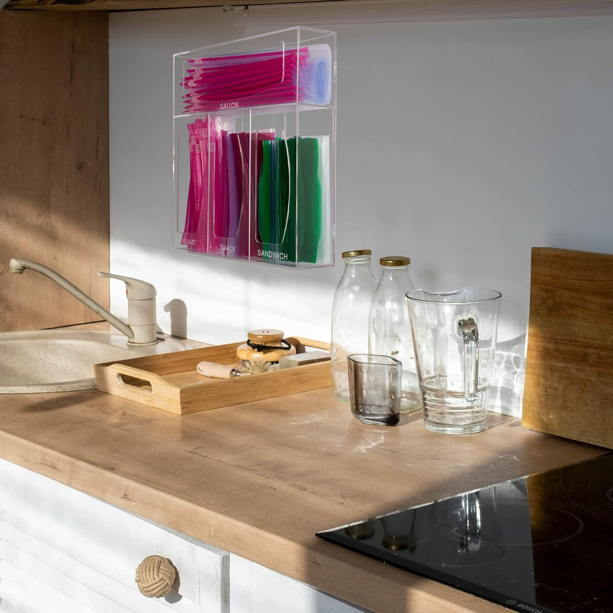 Acrylic Bag Storage Organizer for Kitchen Drawer, Food Storage Bag Organizer Holder Compatible with Ziplock, Glad, Hefty, Gallon, Quart, Sandwich & Snack Variety Size Bag (Clear)