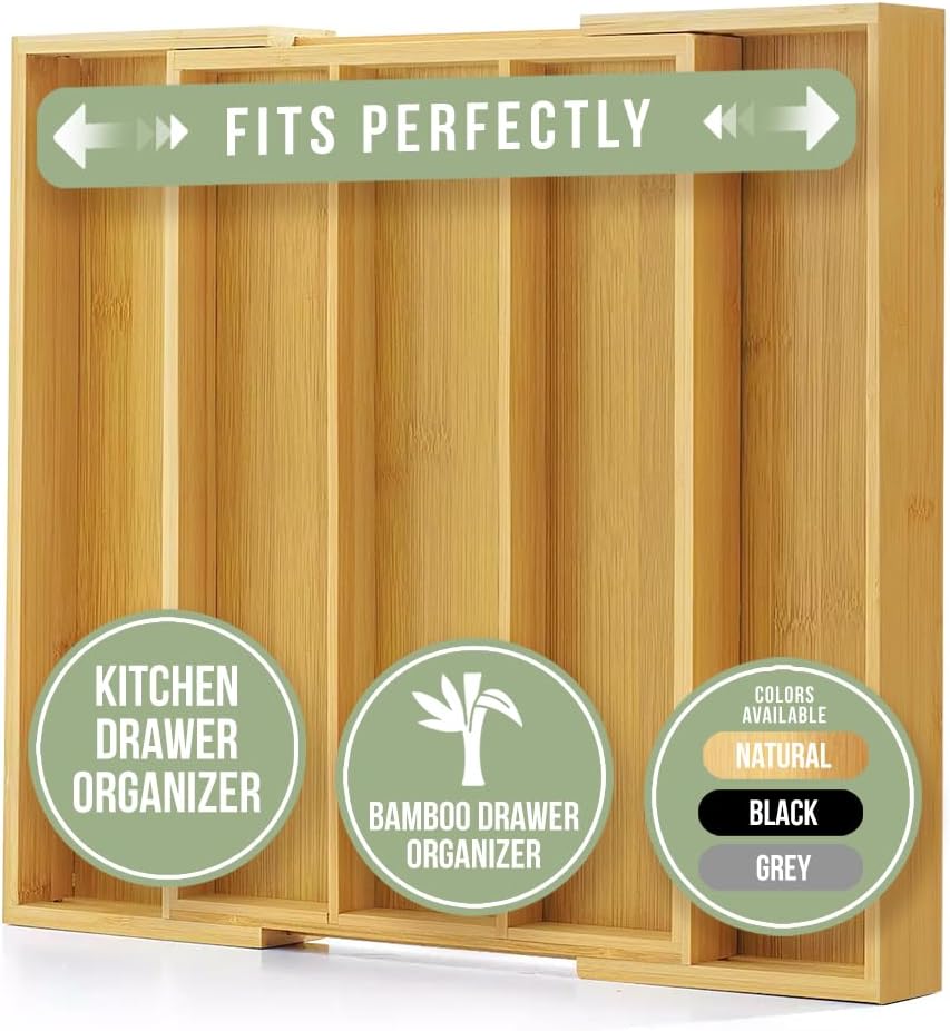Kitchen Drawer Organizer - Expandable Utensil Drawer Organizer for Kitchen, Cutlery Tray & Silverware Organizer, 3-5 Slots - Bamboo Organizer for Utensils & Flatware (Natural)