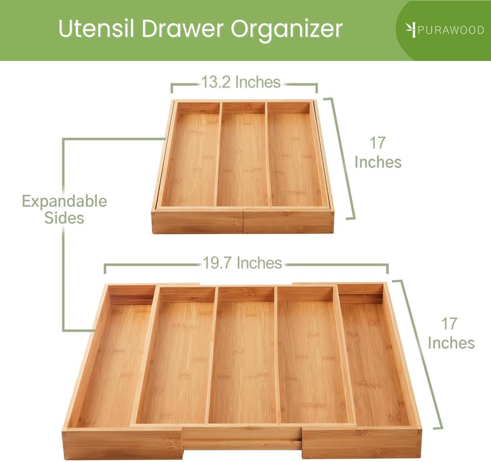Kitchen Drawer Organizer - Expandable Utensil Drawer Organizer for Kitchen, Cutlery Tray & Silverware Organizer, 3-5 Slots - Bamboo Organizer for Utensils & Flatware (Natural)