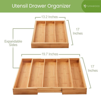 Kitchen Drawer Organizer - Expandable Utensil Drawer Organizer for Kitchen, Cutlery Tray & Silverware Organizer, 3-5 Slots - Bamboo Organizer for Utensils & Flatware (Natural)