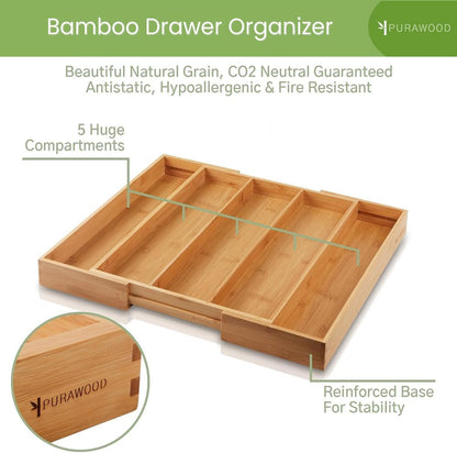 Kitchen Drawer Organizer - Expandable Utensil Drawer Organizer for Kitchen, Cutlery Tray & Silverware Organizer, 3-5 Slots - Bamboo Organizer for Utensils & Flatware (Natural)