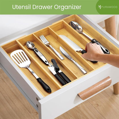 Kitchen Drawer Organizer - Expandable Utensil Drawer Organizer for Kitchen, Cutlery Tray & Silverware Organizer, 3-5 Slots - Bamboo Organizer for Utensils & Flatware (Natural)