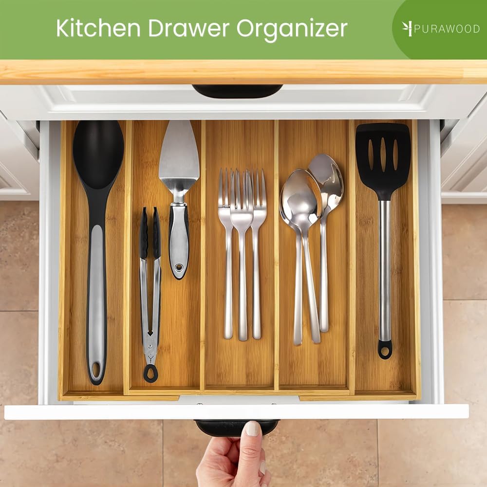 Kitchen Drawer Organizer - Expandable Utensil Drawer Organizer for Kitchen, Cutlery Tray & Silverware Organizer, 3-5 Slots - Bamboo Organizer for Utensils & Flatware (Natural)