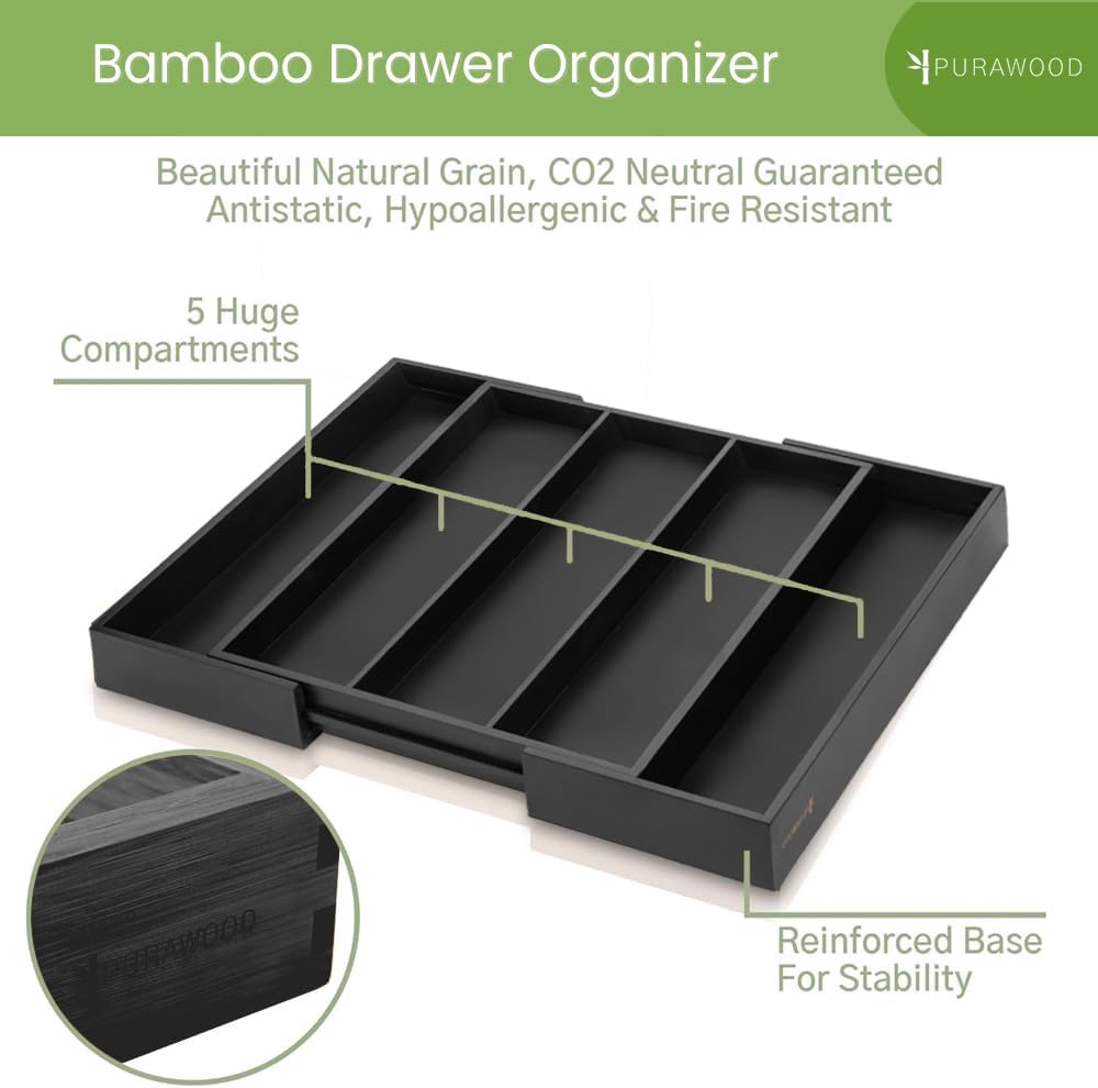 Kitchen Drawer Organizer - Expandable Utensil Drawer Organizer for Kitchen, Cutlery Tray & Silverware Organizer, 3-5 Slots - Bamboo Organizer for Utensils & Flatware (Natural)