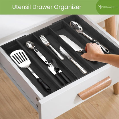Kitchen Drawer Organizer - Expandable Utensil Drawer Organizer for Kitchen, Cutlery Tray & Silverware Organizer, 3-5 Slots - Bamboo Organizer for Utensils & Flatware (Natural)