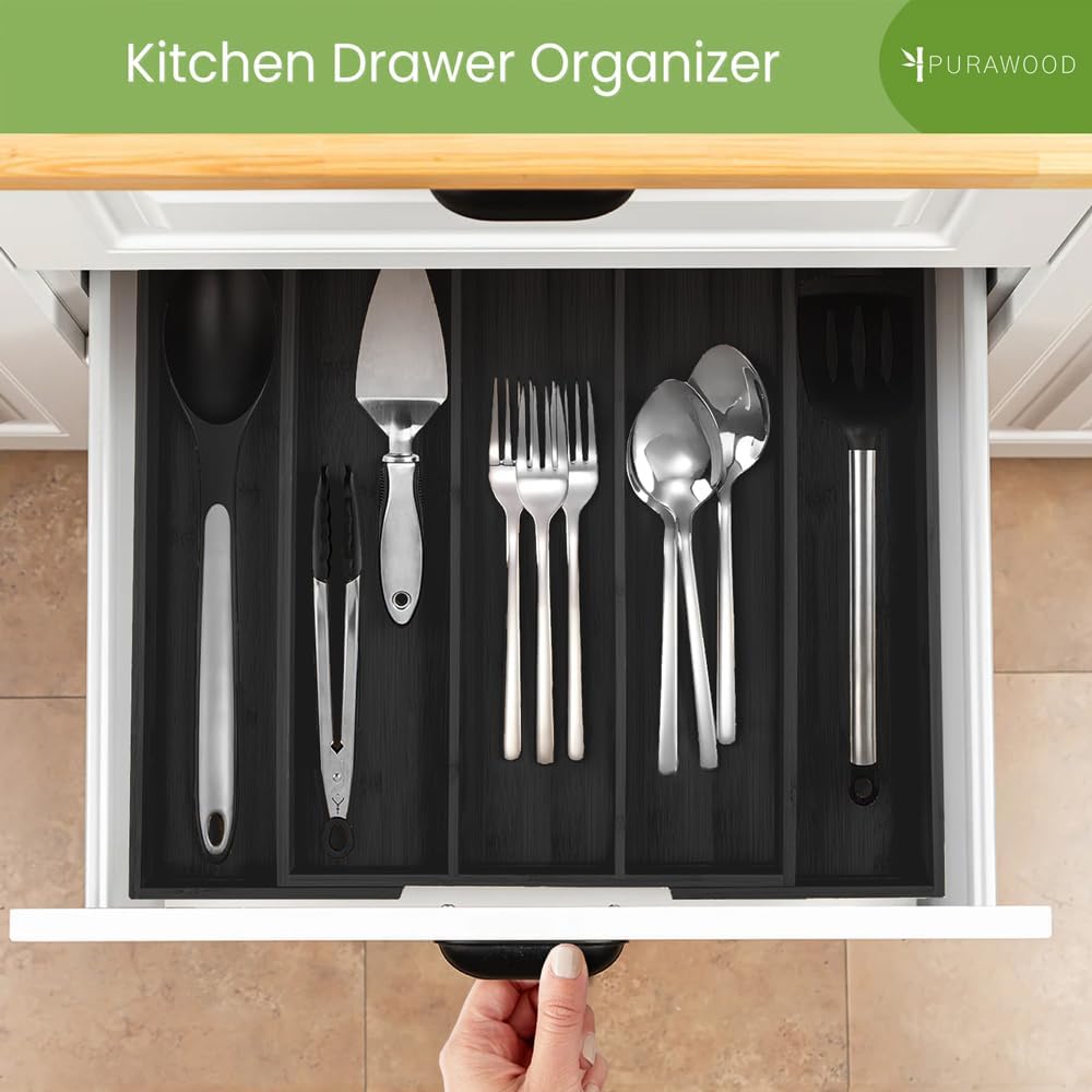 Kitchen Drawer Organizer - Expandable Utensil Drawer Organizer for Kitchen, Cutlery Tray & Silverware Organizer, 3-5 Slots - Bamboo Organizer for Utensils & Flatware (Natural)