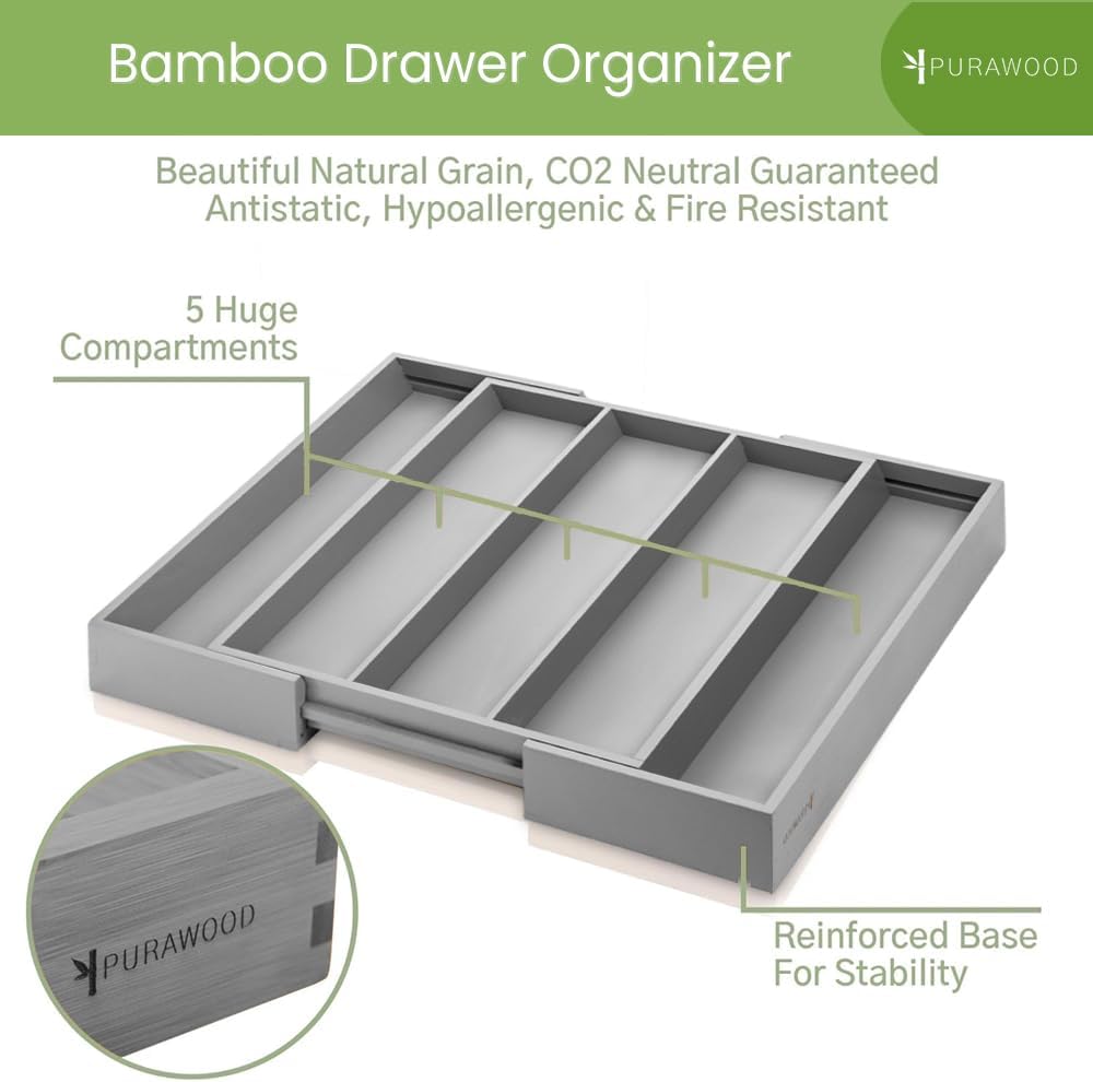 Kitchen Drawer Organizer - Expandable Utensil Drawer Organizer for Kitchen, Cutlery Tray & Silverware Organizer, 3-5 Slots - Bamboo Organizer for Utensils & Flatware (Natural)