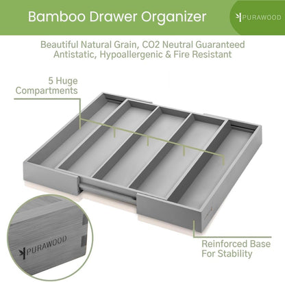 Kitchen Drawer Organizer - Expandable Utensil Drawer Organizer for Kitchen, Cutlery Tray & Silverware Organizer, 3-5 Slots - Bamboo Organizer for Utensils & Flatware (Natural)