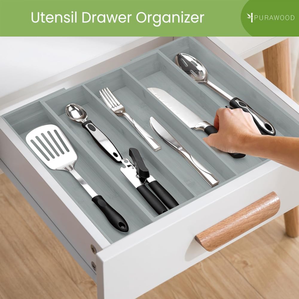Kitchen Drawer Organizer - Expandable Utensil Drawer Organizer for Kitchen, Cutlery Tray & Silverware Organizer, 3-5 Slots - Bamboo Organizer for Utensils & Flatware (Natural)