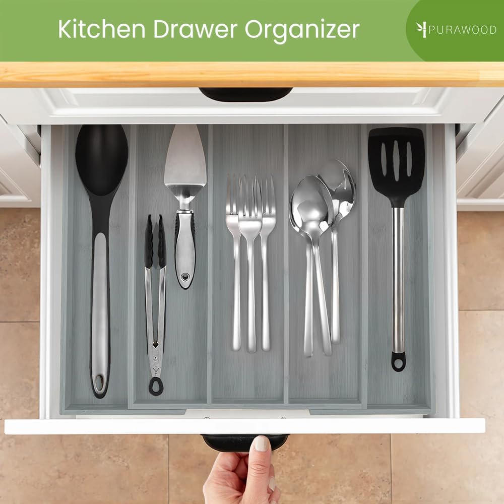 Kitchen Drawer Organizer - Expandable Utensil Drawer Organizer for Kitchen, Cutlery Tray & Silverware Organizer, 3-5 Slots - Bamboo Organizer for Utensils & Flatware (Natural)