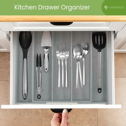 Kitchen Drawer Organizer - Expandable Utensil Drawer Organizer for Kitchen, Cutlery Tray & Silverware Organizer, 3-5 Slots - Bamboo Organizer for Utensils & Flatware (Natural)