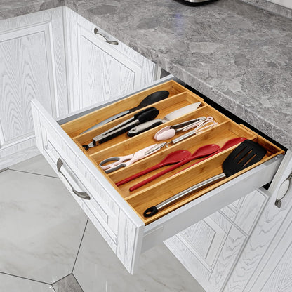 Kitchen Drawer Organizer - Expandable Utensil Drawer Organizer for Kitchen, Cutlery Tray & Silverware Organizer, 3-5 Slots - Bamboo Organizer for Utensils & Flatware (Natural)