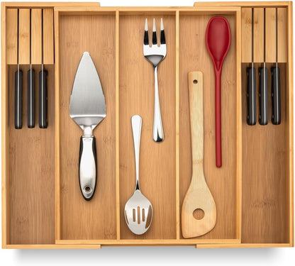 Kitchen Drawer Organizer - Expandable Utensil Drawer Organizer for Kitchen, Cutlery Tray & Silverware Organizer, 3-5 Slots - Bamboo Organizer for Utensils & Flatware (Natural)