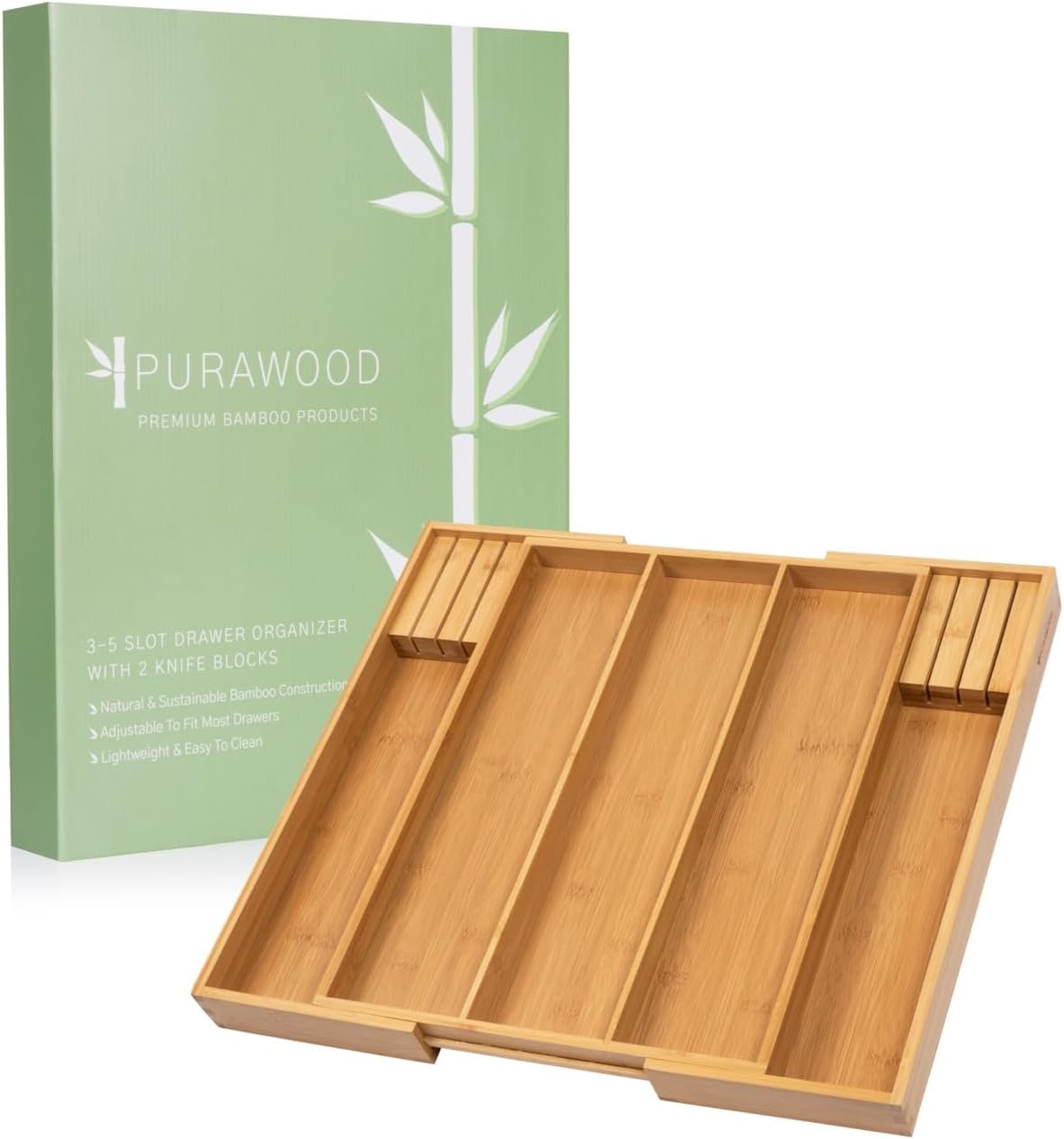 Kitchen Drawer Organizer - Expandable Utensil Drawer Organizer for Kitchen, Cutlery Tray & Silverware Organizer, 3-5 Slots - Bamboo Organizer for Utensils & Flatware (Natural)