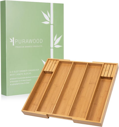 Kitchen Drawer Organizer - Expandable Utensil Drawer Organizer for Kitchen, Cutlery Tray & Silverware Organizer, 3-5 Slots - Bamboo Organizer for Utensils & Flatware (Natural)