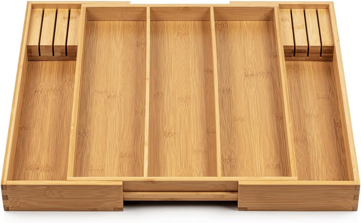 Kitchen Drawer Organizer - Expandable Utensil Drawer Organizer for Kitchen, Cutlery Tray & Silverware Organizer, 3-5 Slots - Bamboo Organizer for Utensils & Flatware (Natural)
