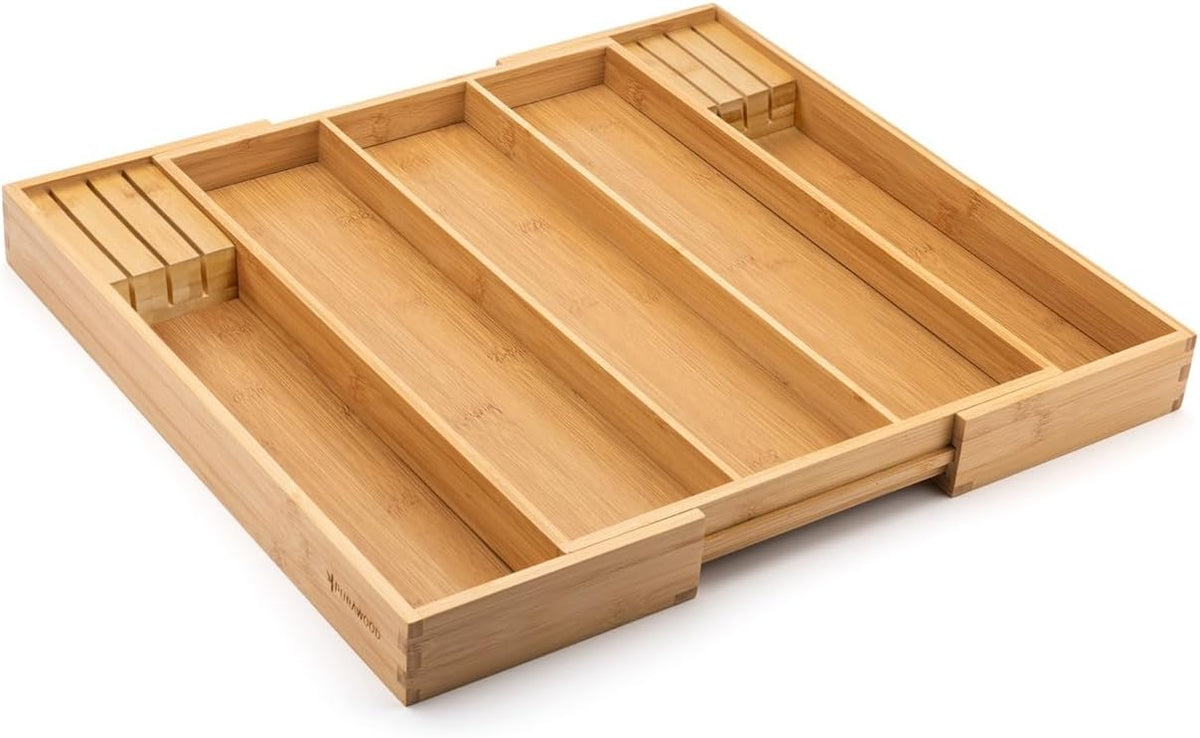 Kitchen Drawer Organizer - Expandable Utensil Drawer Organizer for Kitchen, Cutlery Tray & Silverware Organizer, 3-5 Slots - Bamboo Organizer for Utensils & Flatware (Natural)