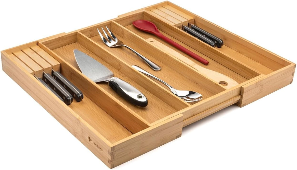 Kitchen Drawer Organizer - Expandable Utensil Drawer Organizer for Kitchen, Cutlery Tray & Silverware Organizer, 3-5 Slots - Bamboo Organizer for Utensils & Flatware (Natural)