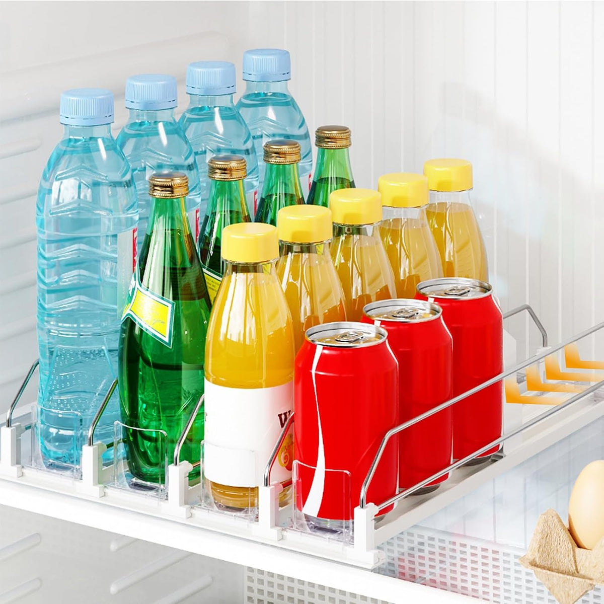 Drink Organizer for Fridge, Automatic Drink Dispenser for Fridge, 12-20oz Soda Can Dispenser for Refrigerator, Soda Can Organizer for Pantry Holds up to 15 Cans, 3 Row