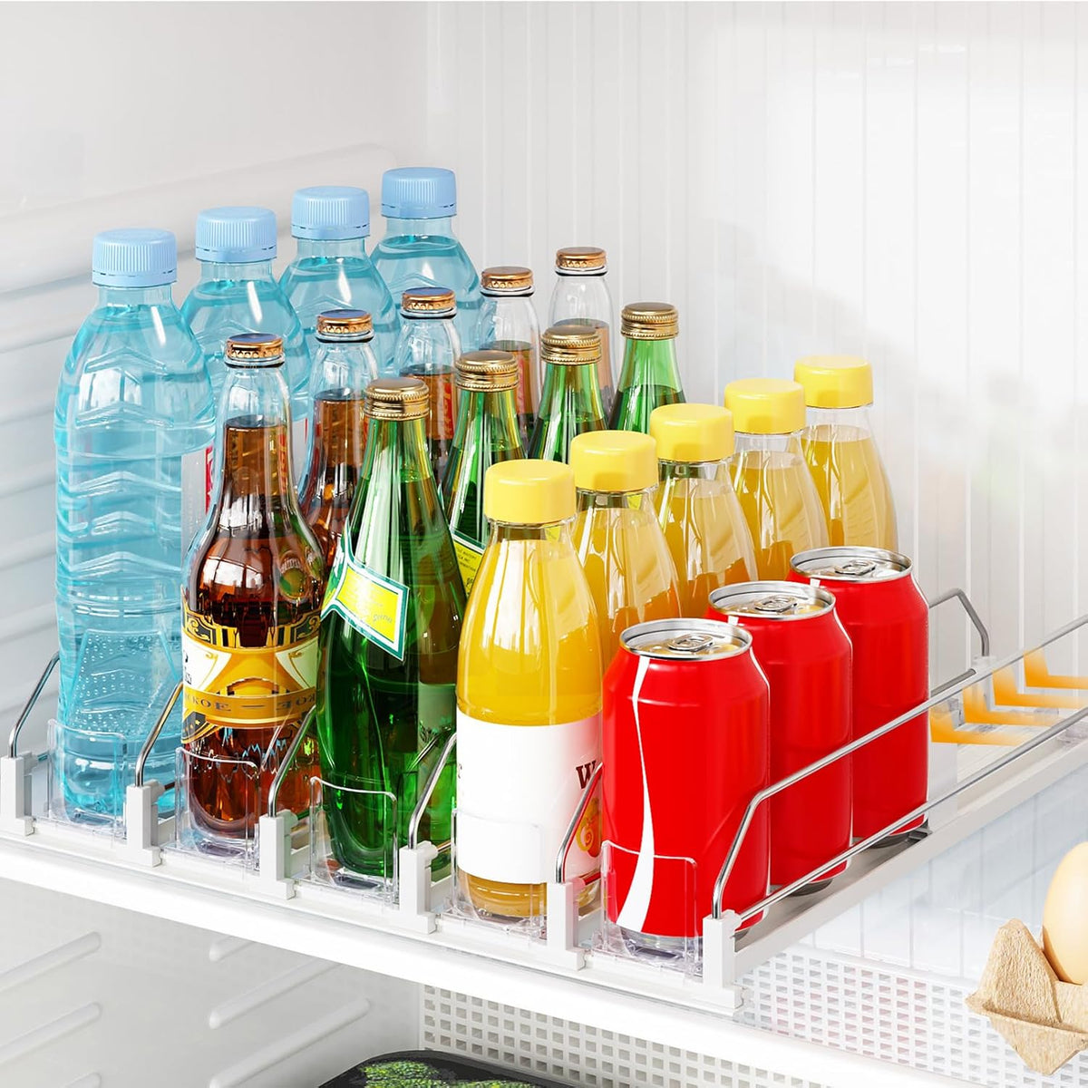 Drink Organizer for Fridge, Automatic Drink Dispenser for Fridge, 12-20oz Soda Can Dispenser for Refrigerator, Soda Can Organizer for Pantry Holds up to 15 Cans, 3 Row