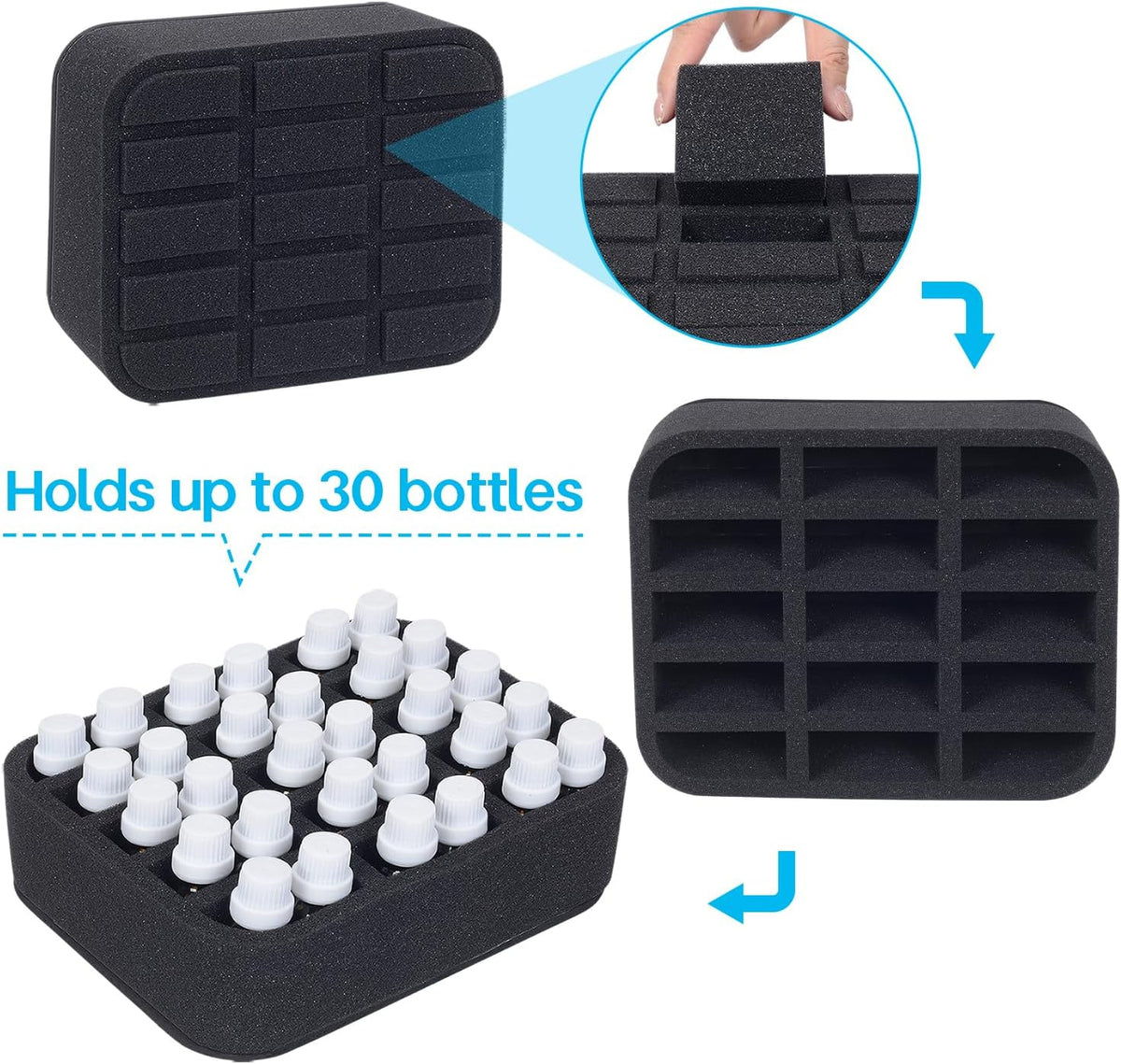 Essential oils Organizer Holder Foam Pad with Slots, Holds 40 bottles of 10ml、15ml Bottles, Removable Dividers，Black