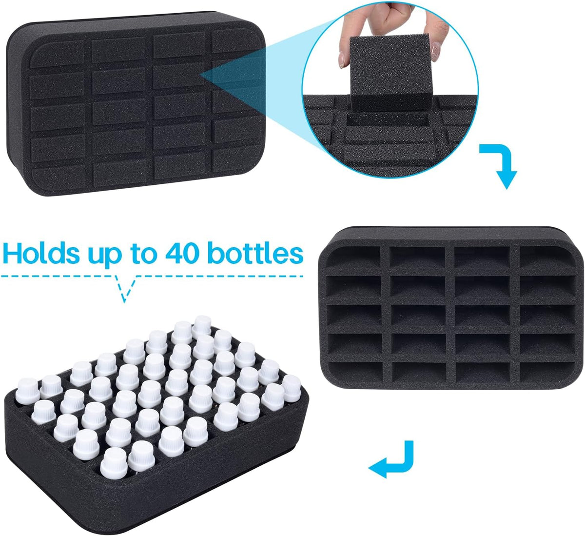 Essential oils Organizer Holder Foam Pad with Slots, Holds 40 bottles of 10ml、15ml Bottles, Removable Dividers，Black
