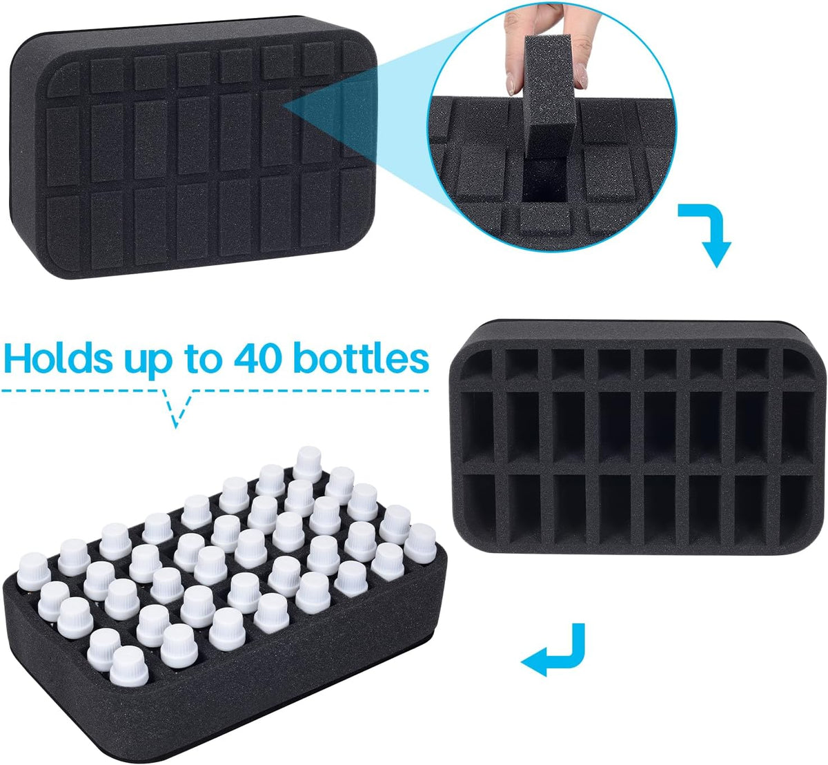 Essential oils Organizer Holder Foam Pad with Slots, Holds 40 bottles of 10ml、15ml Bottles, Removable Dividers，Black
