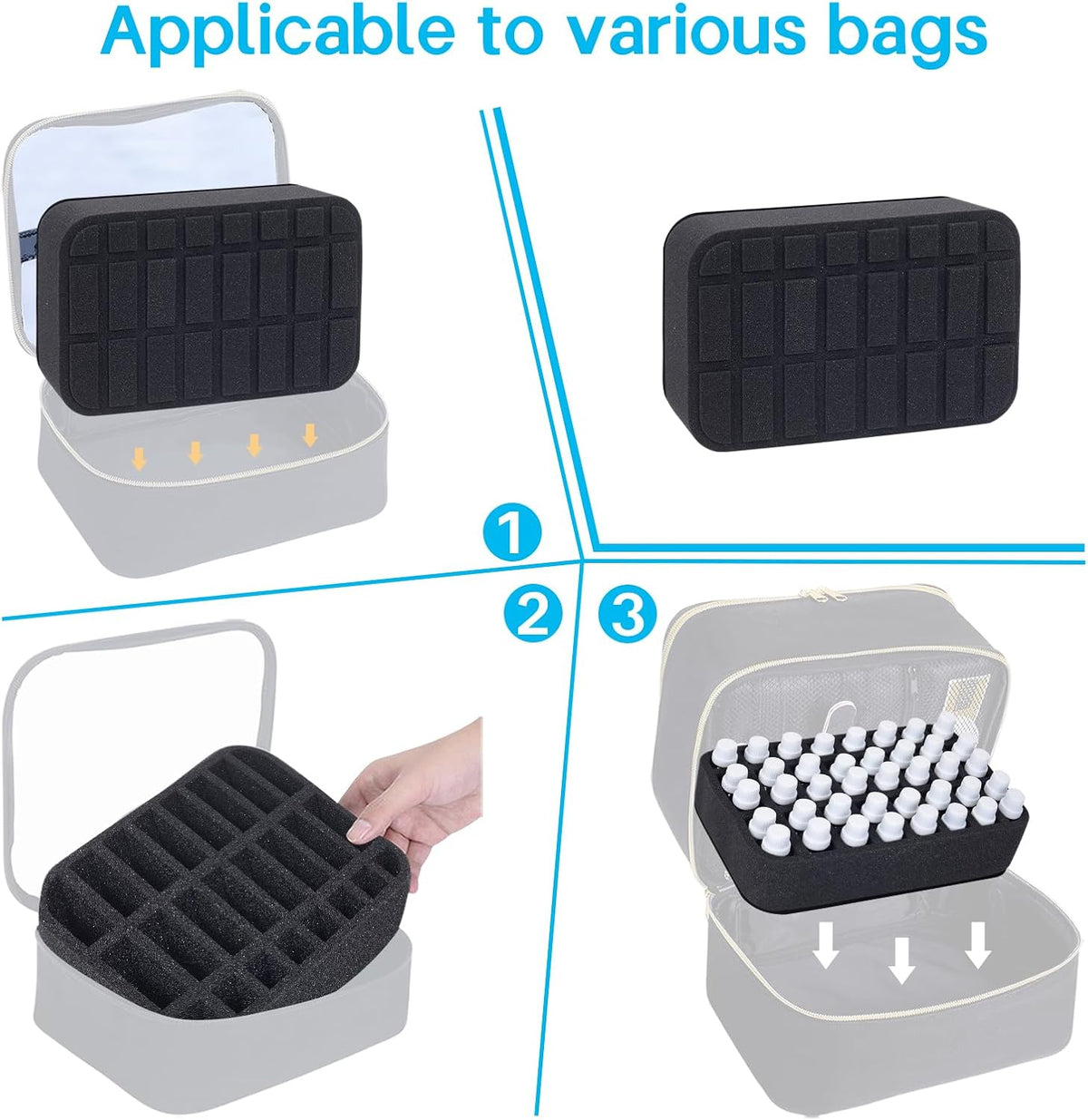 Essential oils Organizer Holder Foam Pad with Slots, Holds 40 bottles of 10ml、15ml Bottles, Removable Dividers，Black