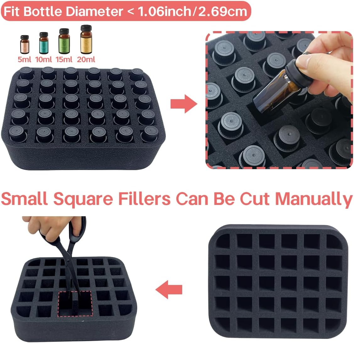 Essential oils Organizer Holder Foam Pad with Slots, Holds 40 bottles of 10ml、15ml Bottles, Removable Dividers，Black