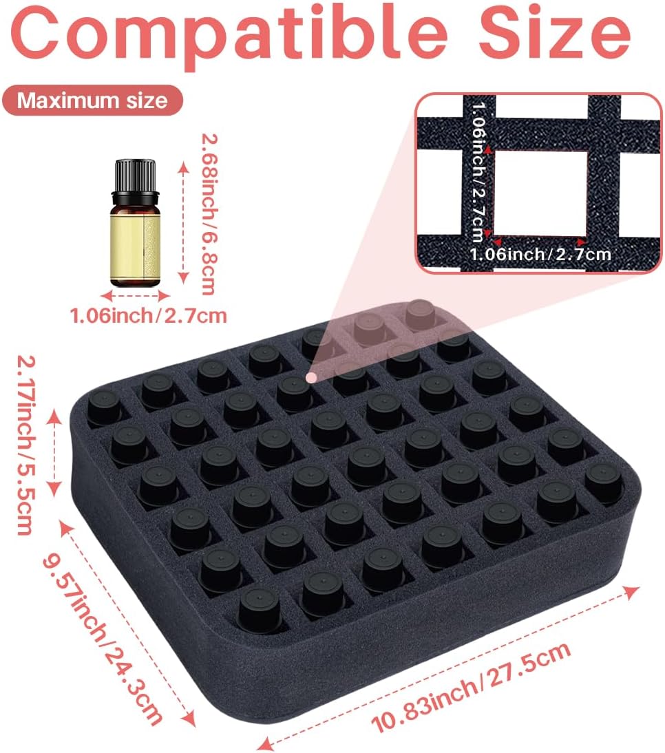 Essential oils Organizer Holder Foam Pad with Slots, Holds 40 bottles of 10ml、15ml Bottles, Removable Dividers，Black