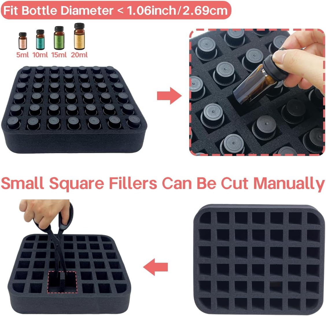 Essential oils Organizer Holder Foam Pad with Slots, Holds 40 bottles of 10ml、15ml Bottles, Removable Dividers，Black
