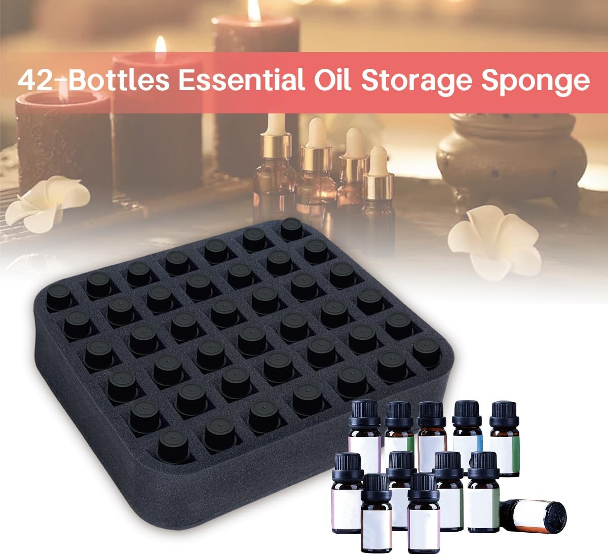 Essential oils Organizer Holder Foam Pad with Slots, Holds 40 bottles of 10ml、15ml Bottles, Removable Dividers，Black