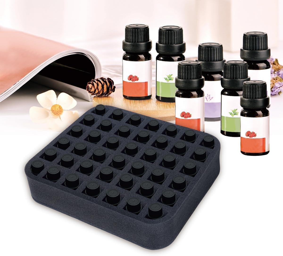 Essential oils Organizer Holder Foam Pad with Slots, Holds 40 bottles of 10ml、15ml Bottles, Removable Dividers，Black