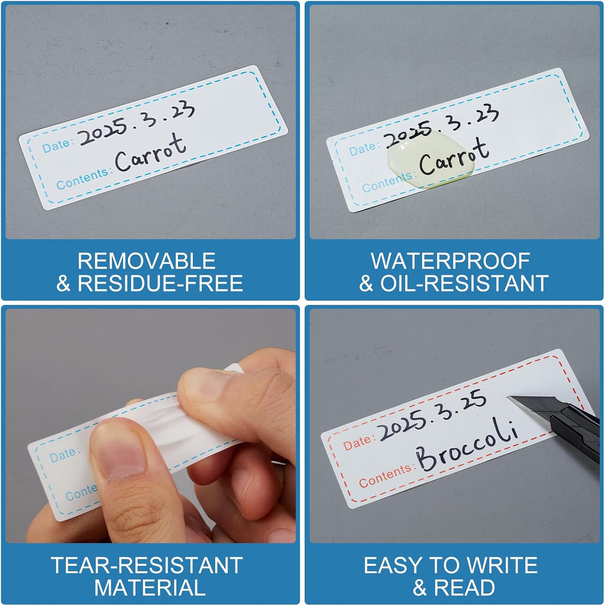 Removable Food Labels, 500 Count, 1 x 2 in, Blank Waterproof Stickers | No residue easy peel labels for freezer bags, jars, containers, and refrigerator food organization with durable adhesive