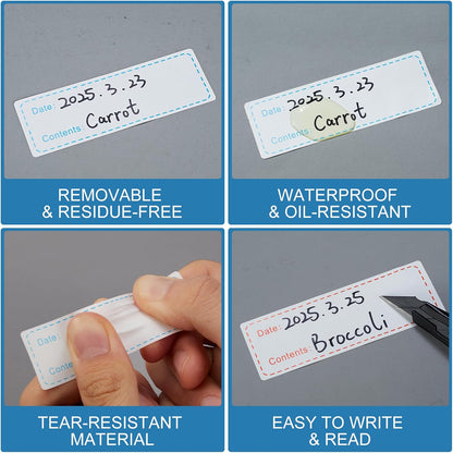 Removable Food Labels, 500 Count, 1 x 2 in, Blank Waterproof Stickers | No residue easy peel labels for freezer bags, jars, containers, and refrigerator food organization with durable adhesive