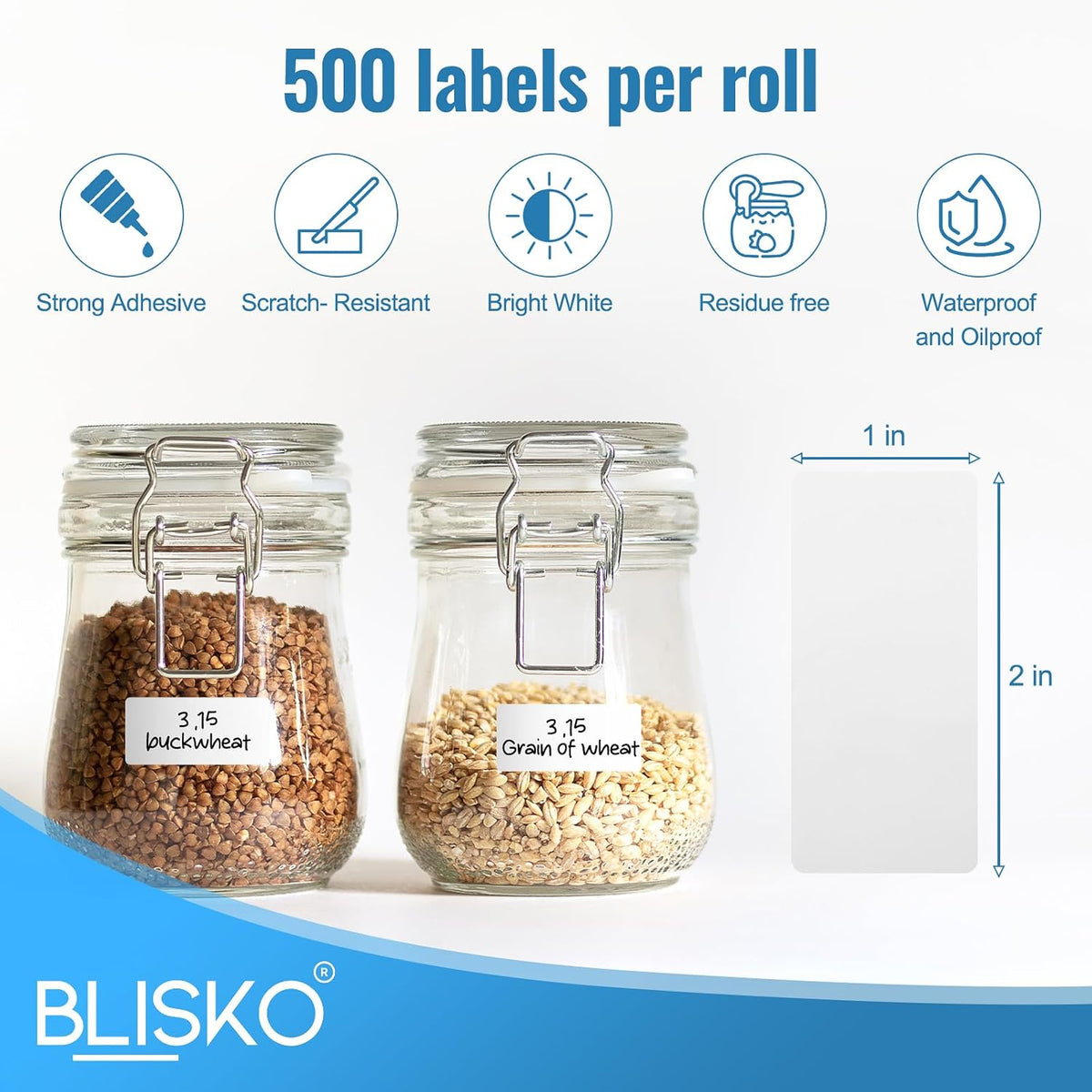 Removable Food Labels, 500 Count, 1 x 2 in, Blank Waterproof Stickers | No residue easy peel labels for freezer bags, jars, containers, and refrigerator food organization with durable adhesive