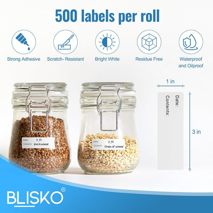 Removable Food Labels, 500 Count, 1 x 2 in, Blank Waterproof Stickers | No residue easy peel labels for freezer bags, jars, containers, and refrigerator food organization with durable adhesive