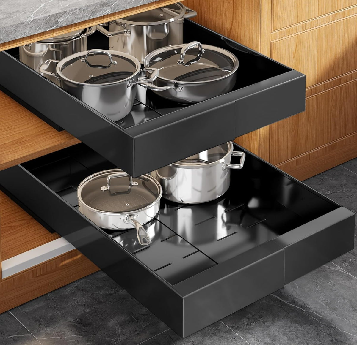 Pull Out Cabinet Organizer for Wide Cabinets,Expandable 15.1"-26.3" Width,21" Deep Slide Out Drawers With Raising Pad for Framed Cabinets,3 Slide Rails,No Drill Roll Out Shelves,White
