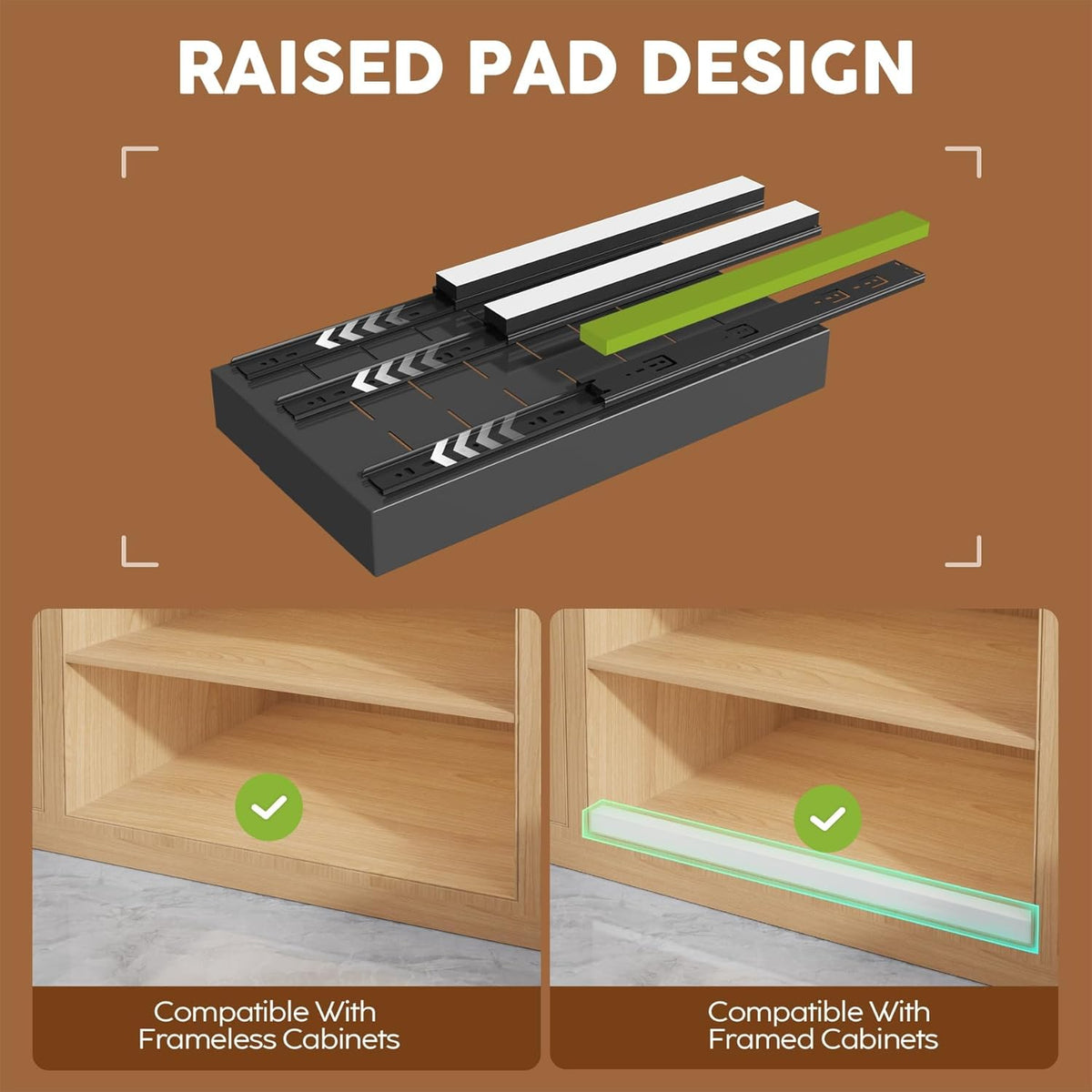 Pull Out Cabinet Organizer for Wide Cabinets,Expandable 15.1"-26.3" Width,21" Deep Slide Out Drawers With Raising Pad for Framed Cabinets,3 Slide Rails,No Drill Roll Out Shelves,White
